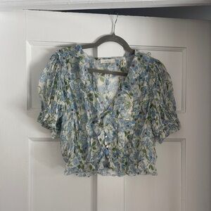 Doen Blue and Green Floral Ruffle Button-Front Blouse